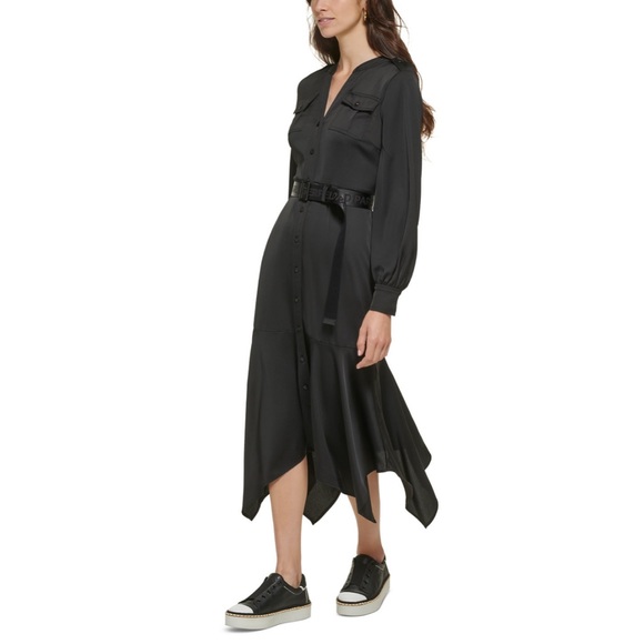 NWT Karl Lagerfeld Logo Belt Handkerchief Hem Midi Dress - Picture 3 of 12